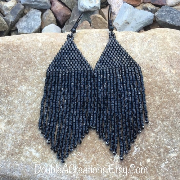 Black Beaded Earrings With Fringe, New, Handmade by Me - Picture 5 of 9